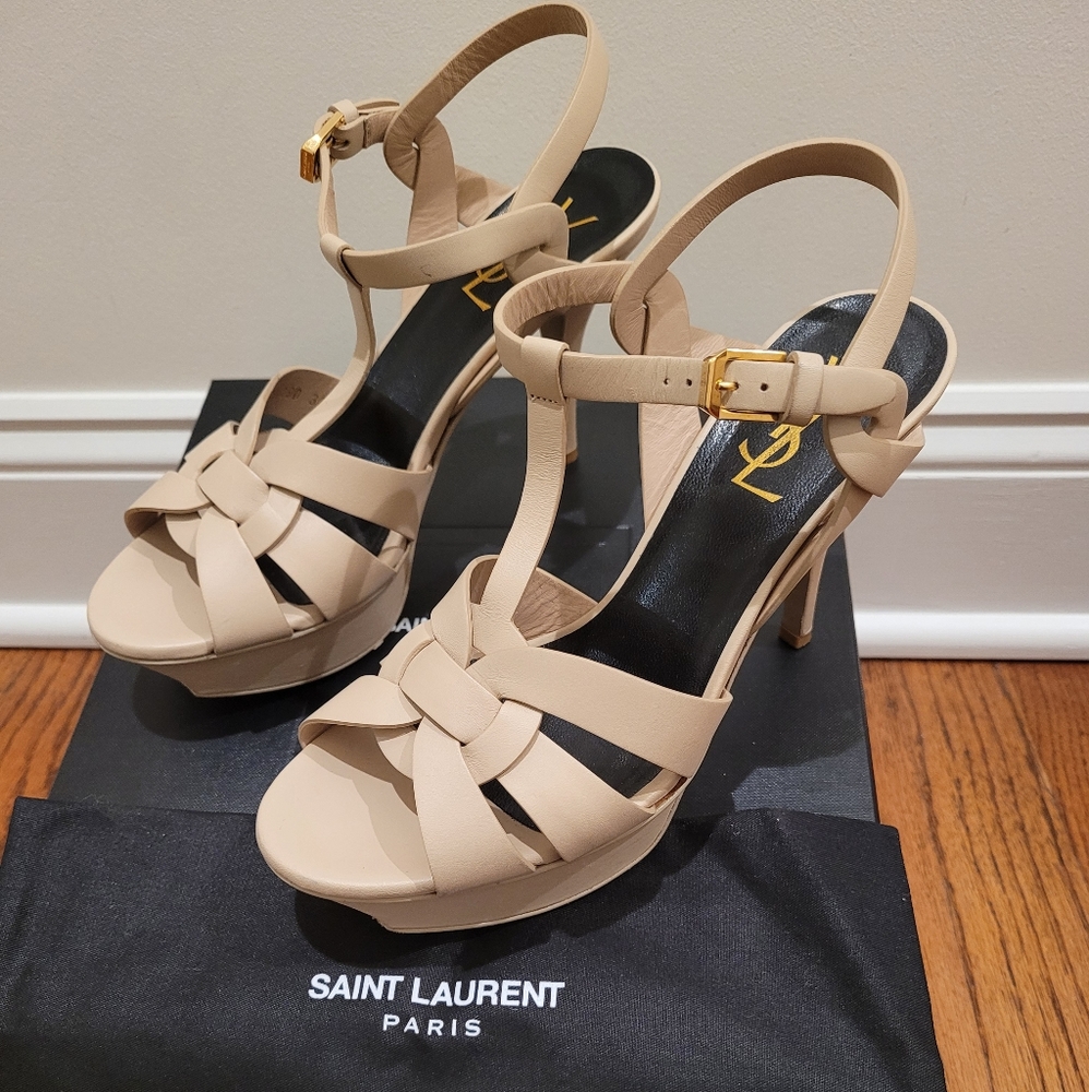Saint Laurent YSL Tribute 75MM Leather Platform Sandals Heels